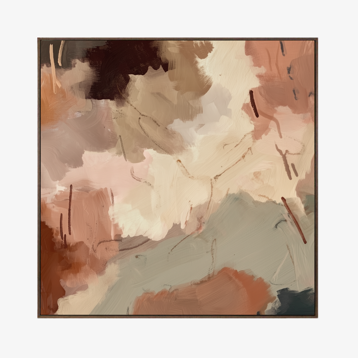 Abstract art piece with brown, beige, and gray colors on a white background
