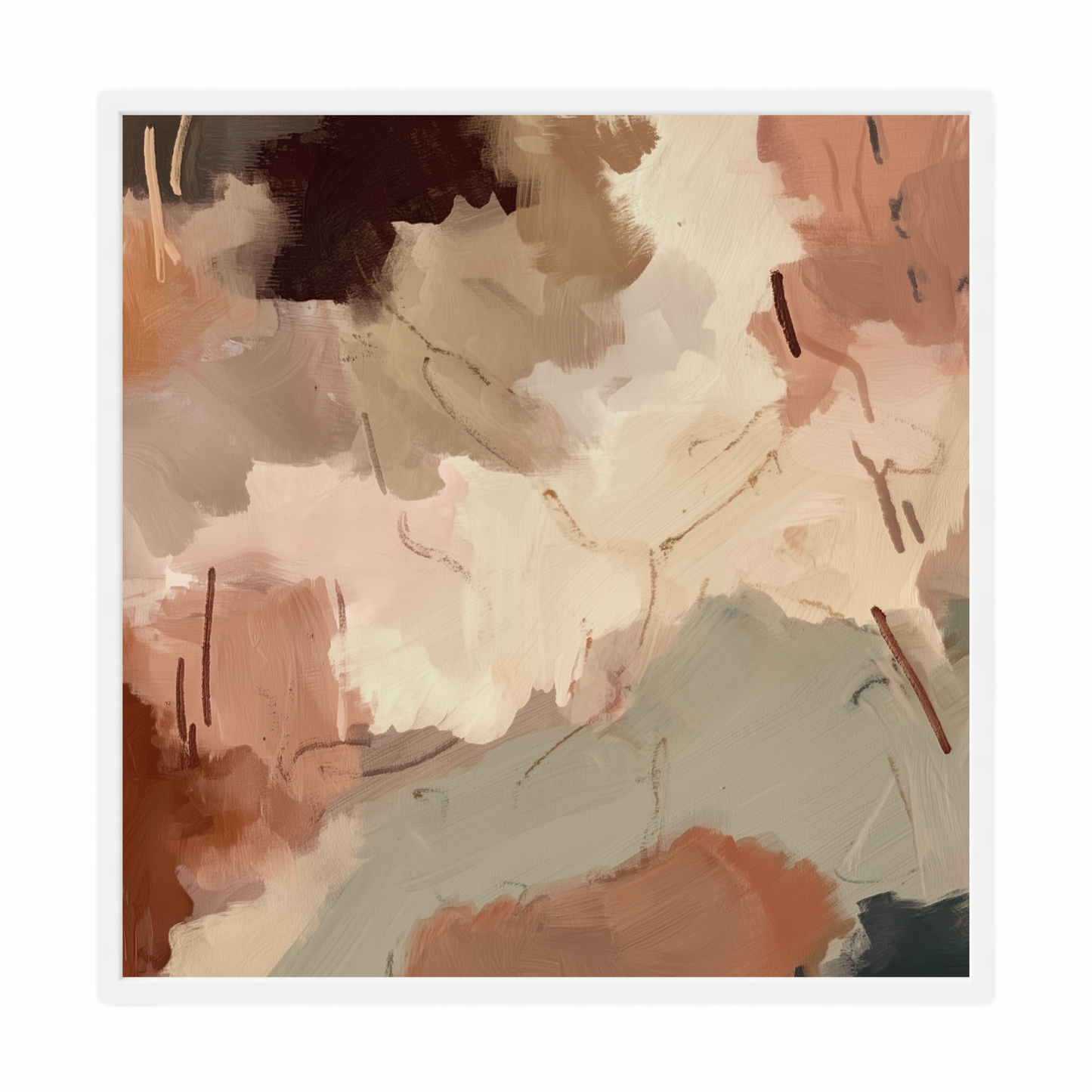 Abstract art print with brown, beige, and blue colors on a white background