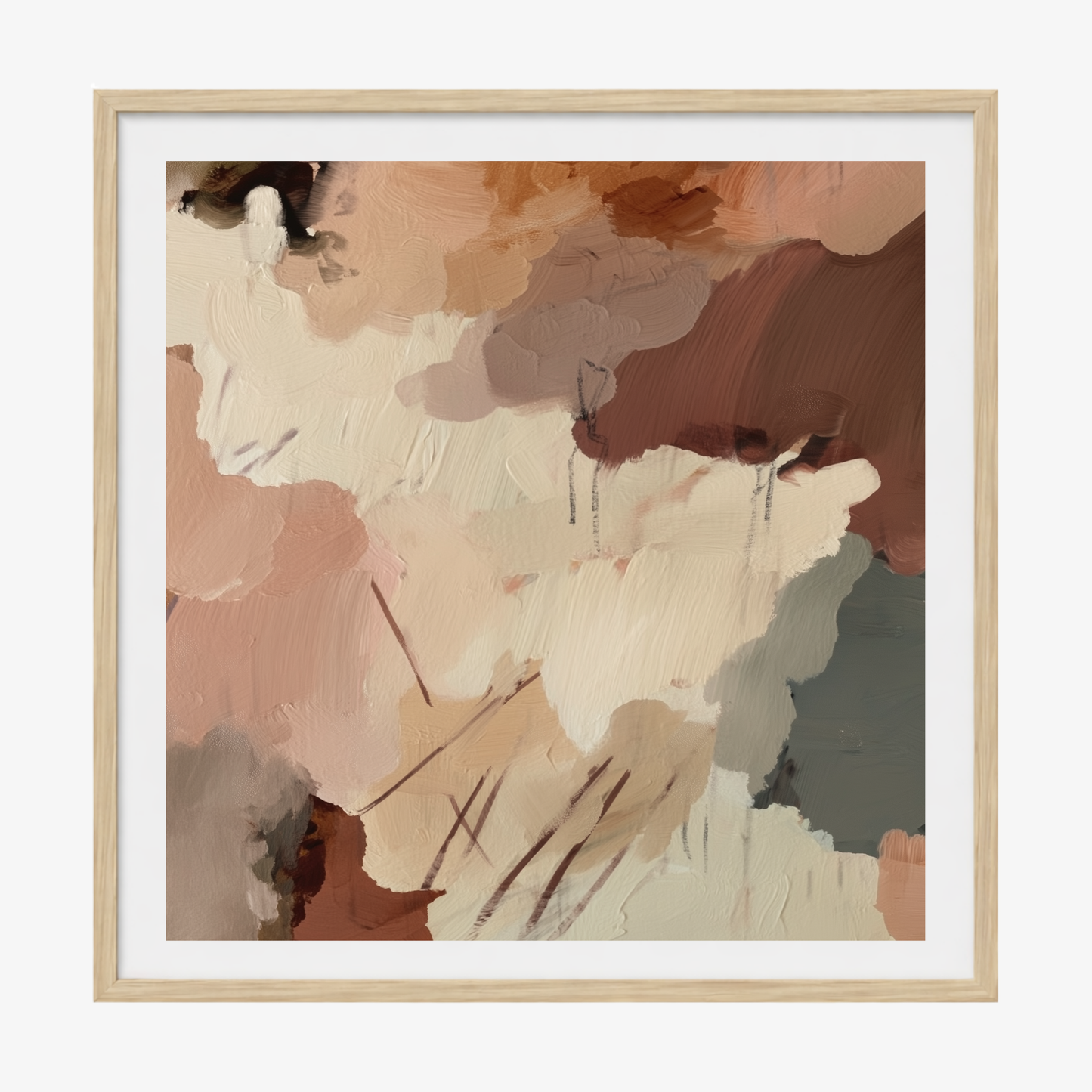 Abstract art print with soft pastel colors in a wooden frame on a white background