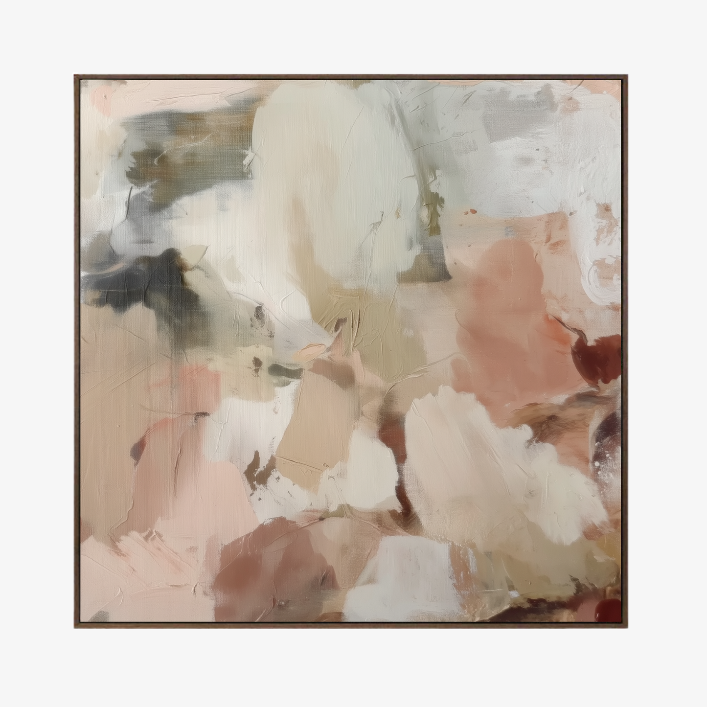 Abstract art work with soft pastel colors printed canvas finished in a walnut float frame on a white background