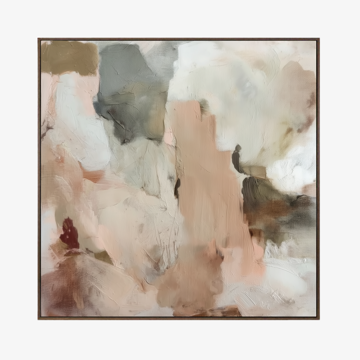Abstract art painting with soft pastel colors on a white background in a walnut frame