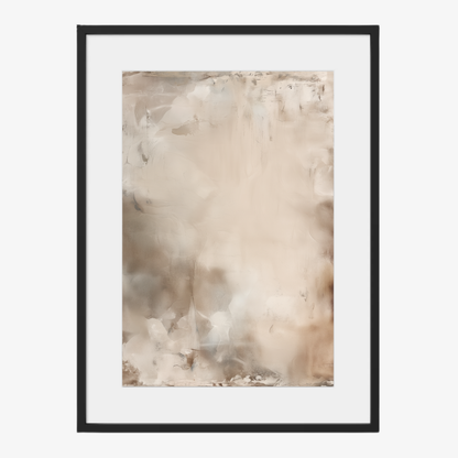 Afterlight is a soft atmospheric abstract artwork in ivory and warm beige tones, framed in a Black frame with a white mat border. 