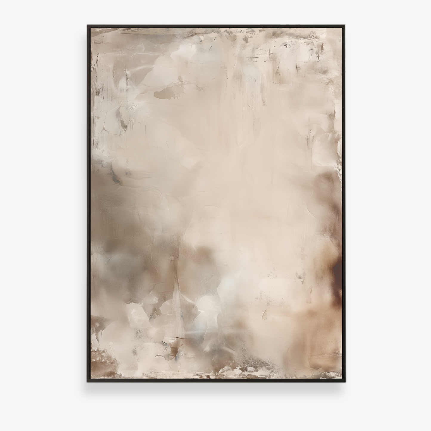 Afterlight soft atmospheric abstract artwork in ivory and warm beige tones framed canvas artwork in black frame in portrait format