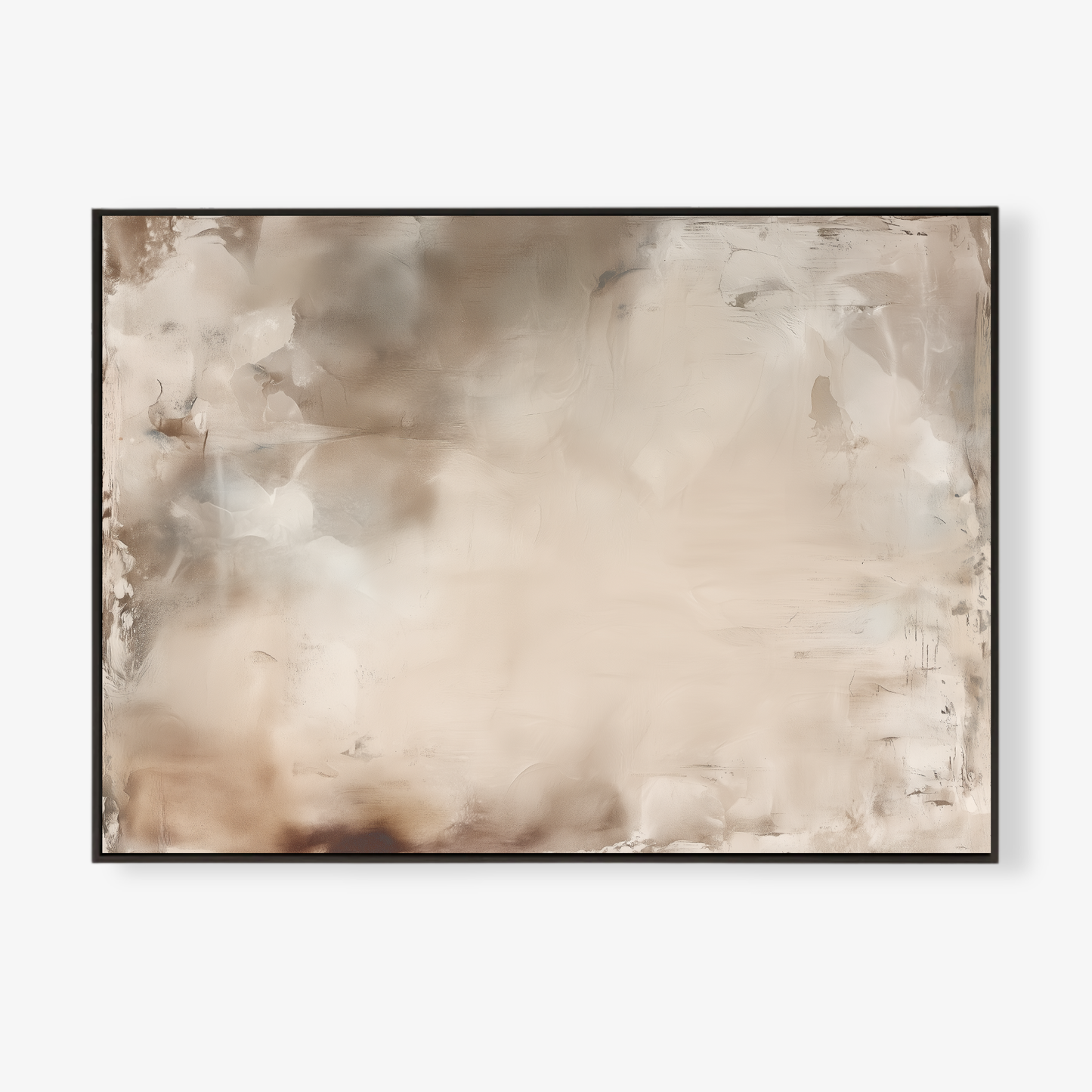 Afterlight soft atmospheric abstract artwork in ivory and warm beige tones in landscape display in black frame