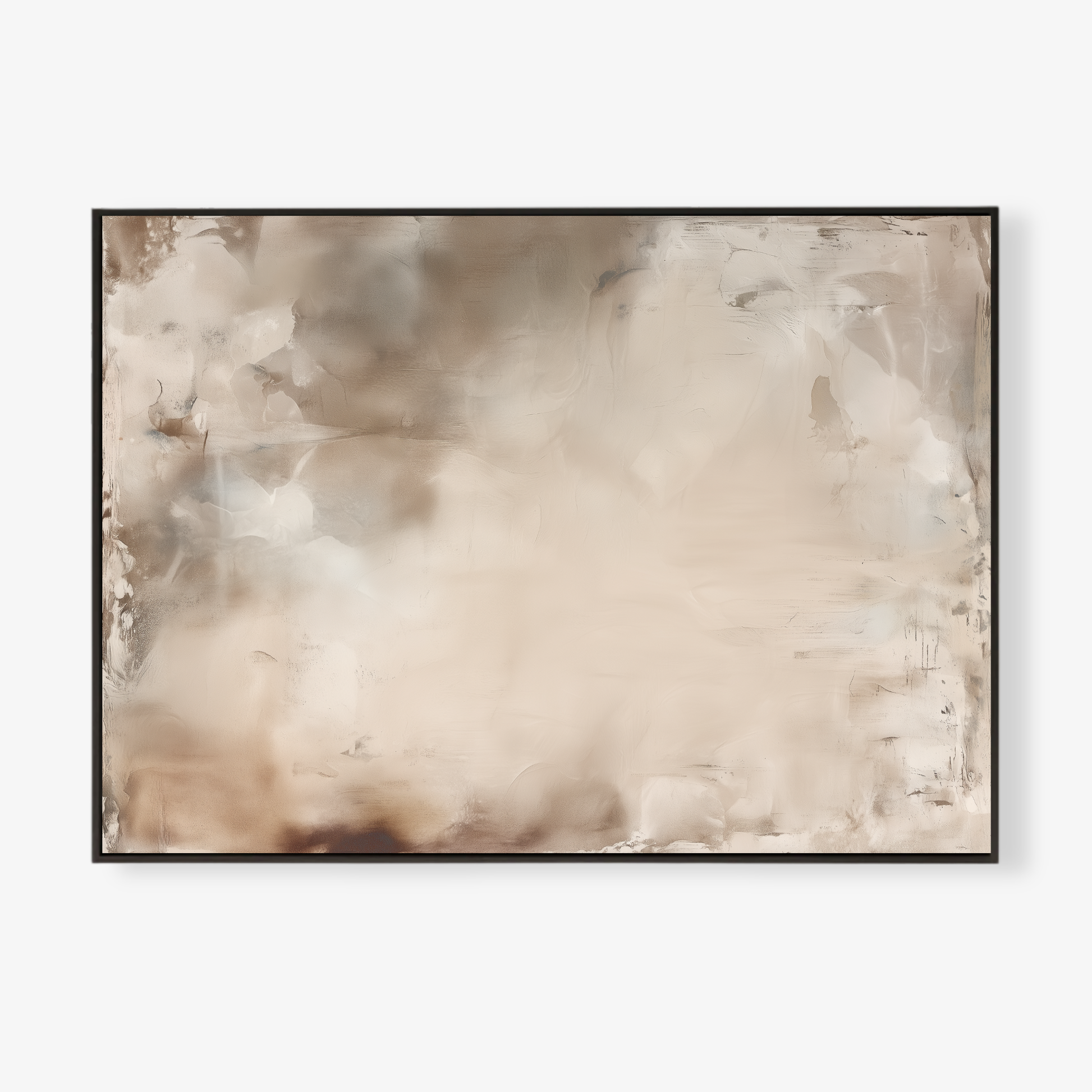 Afterlight soft atmospheric abstract artwork in ivory and warm beige tones in landscape display in black frame