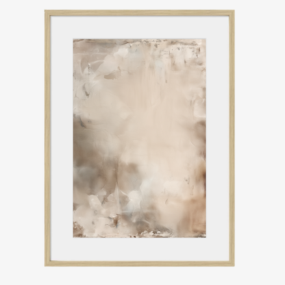 Framed abstract art print with a beige and brown color palette in a oak timber frame with white mat board. 