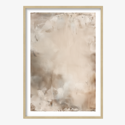 Framed abstract art with a beige and brown color palette with a white border and oak timber frame