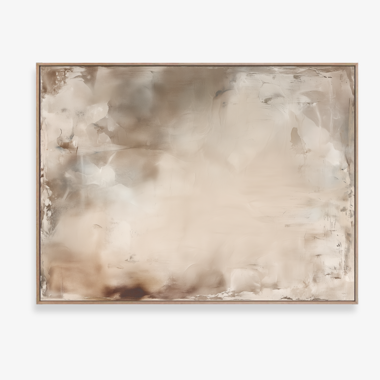 Afterlight soft atmospheric abstract artwork in ivory and warm beige tones in a canvas print in a oak float frame. 