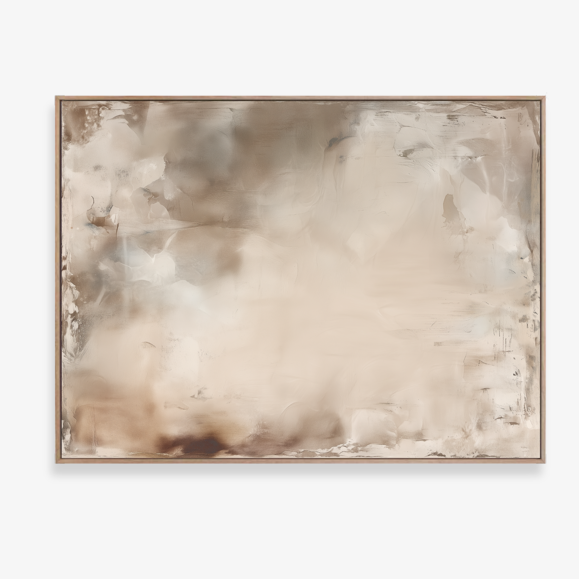 Afterlight soft atmospheric abstract artwork in ivory and warm beige tones in a canvas print in a oak float frame. 