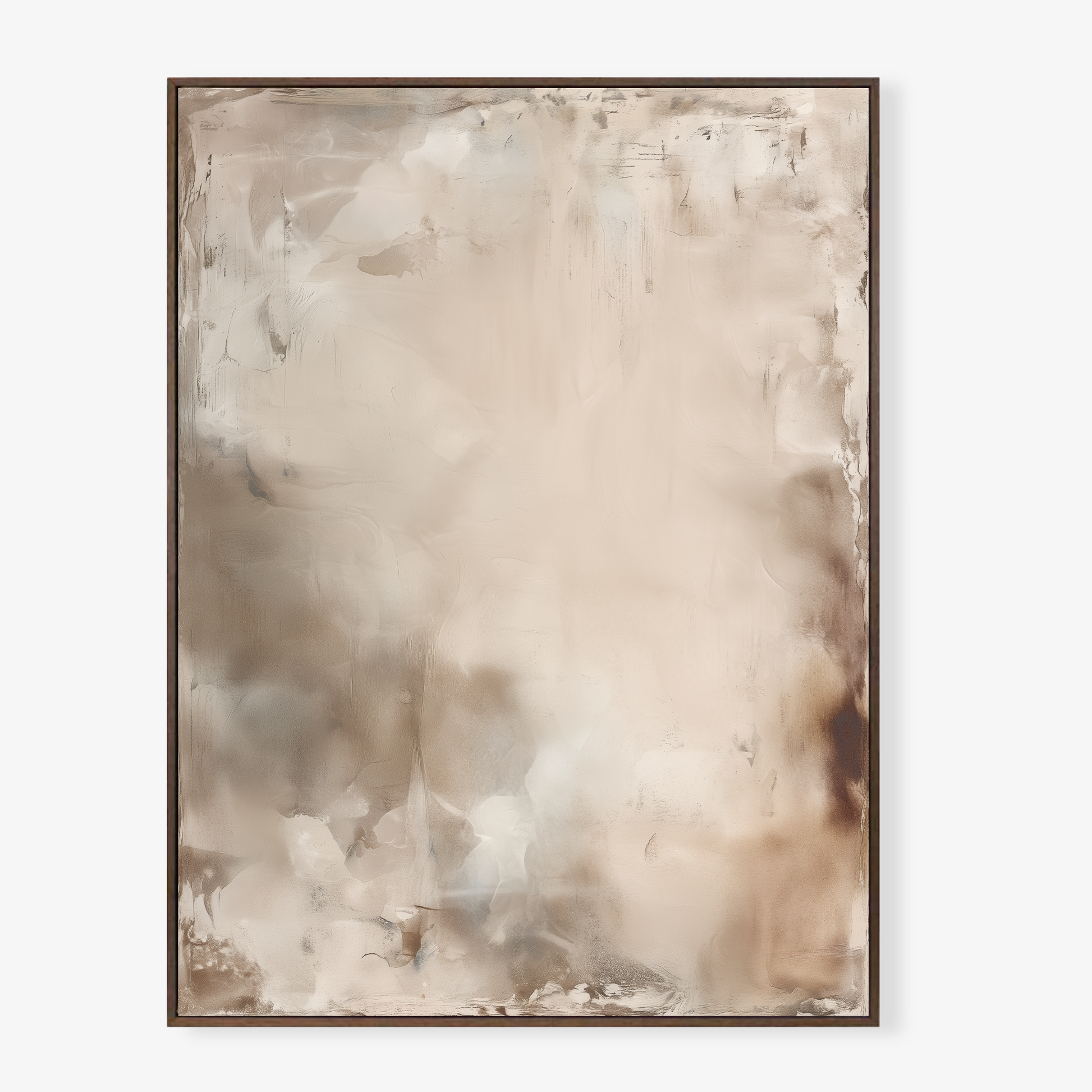 Afterlight soft atmospheric abstract artwork in ivory and warm beige tones in a stretched canvas with float walnut frame. 
