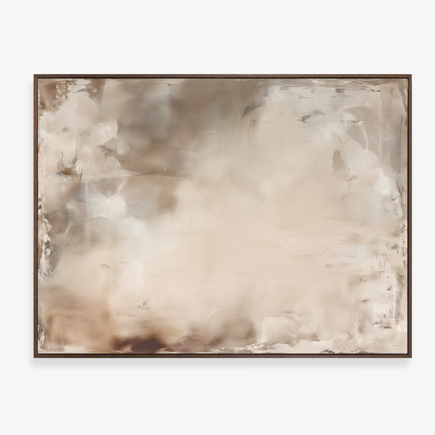 Afterlight soft atmospheric abstract artwork in ivory and warm beige tones in a walnut float frame in canvas finish. 