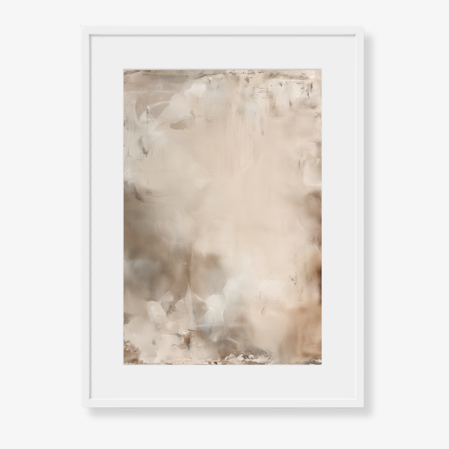 Framed abstract art print with beige and brown tones on a white background