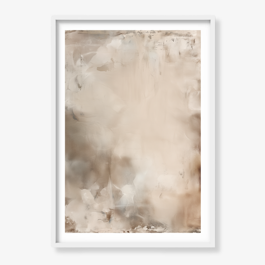 Afterlight is a soft atmospheric abstract artwork in ivory and warm beige tones, framed in a white frame with a white border. 