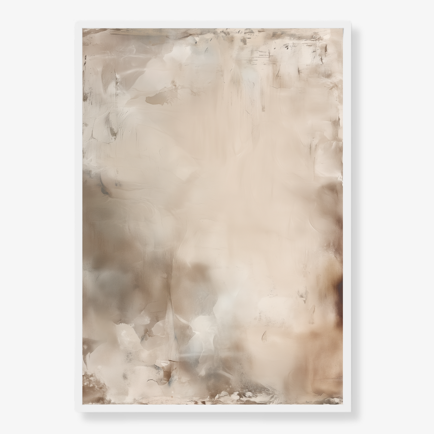 Abstract art print with beige and brown tones printed edge to edge finihed in a white frame. 