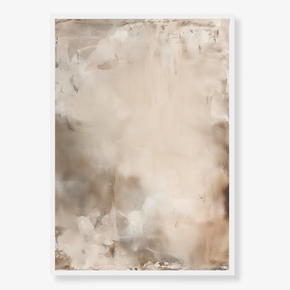 Abstract art print with beige and brown tones printed edge to edge finihed in a white frame. 