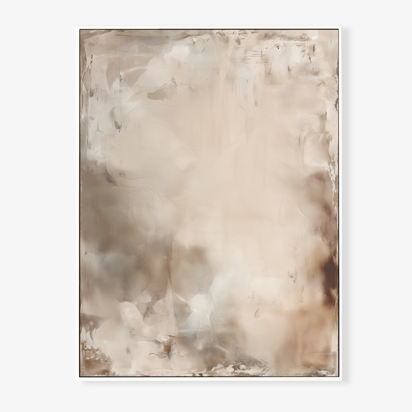 Abstract art piece with beige and brown tones canvas artwork in white float frame. 