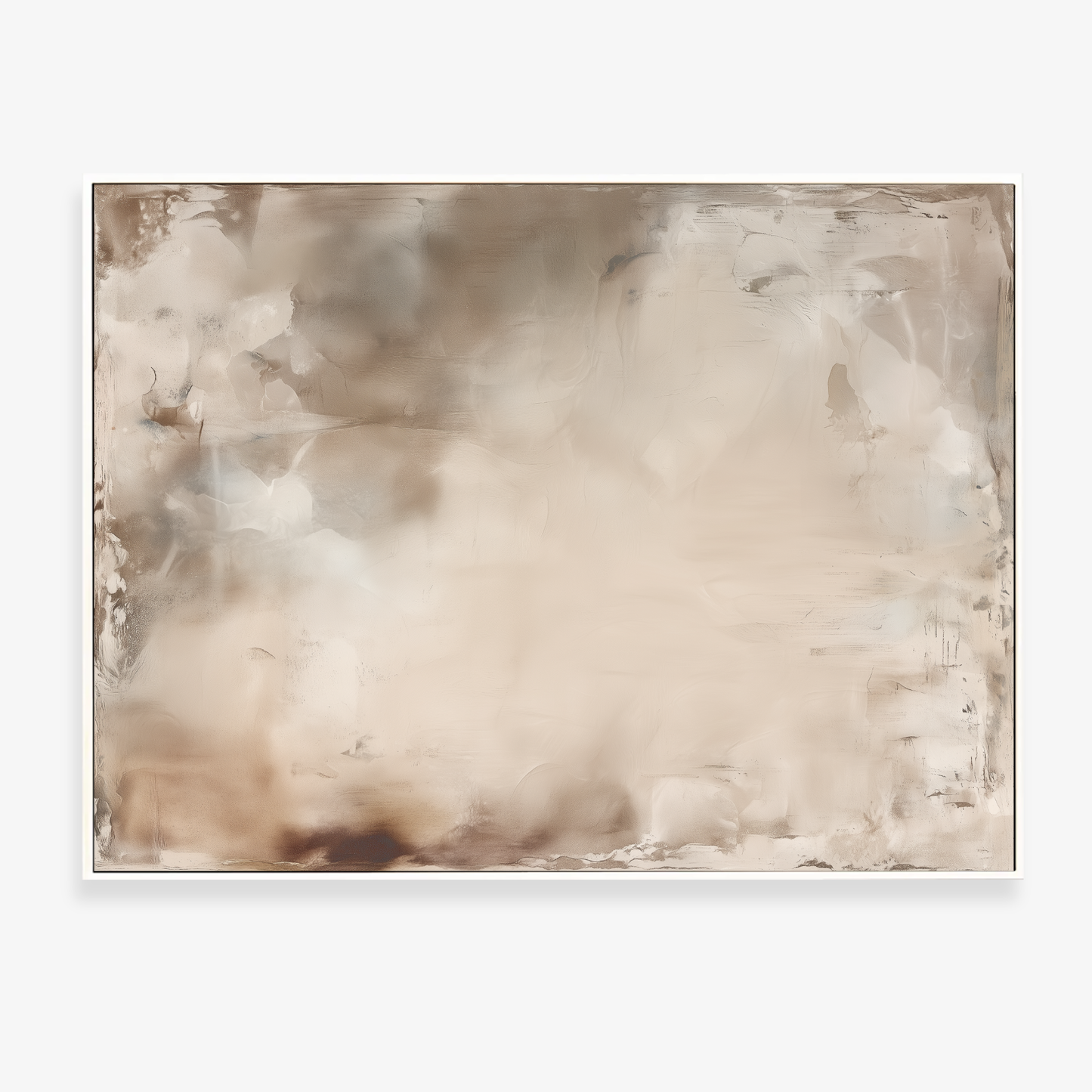 Afterlight soft atmospheric abstract artwork in ivory and warm beige tones stretched canas in white float frame. 