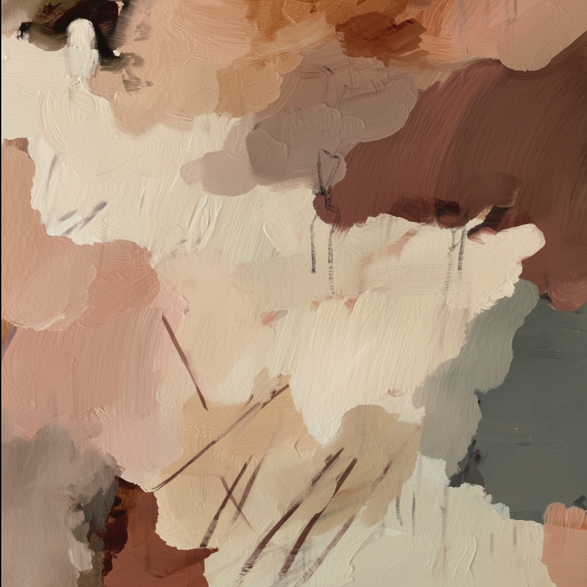 Claypan I earthy abstract wall art with terracotta, cream and muted green-grey tones art print