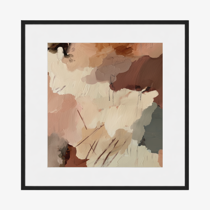 Framed abstract art print with brown and beige colors in a black frame on a white background