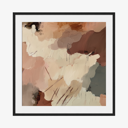 Abstract art print with brown and beige colors in a black frame with a white border on a white background