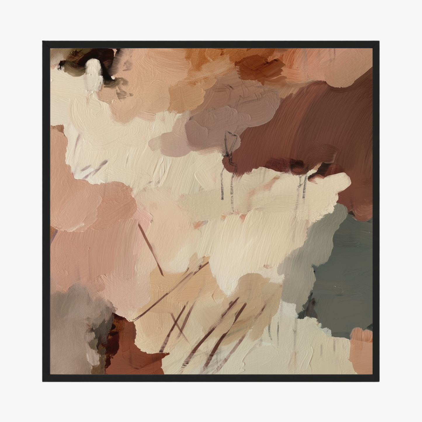 Abstract art piece with brown, beige, and gray colors in a black frame.