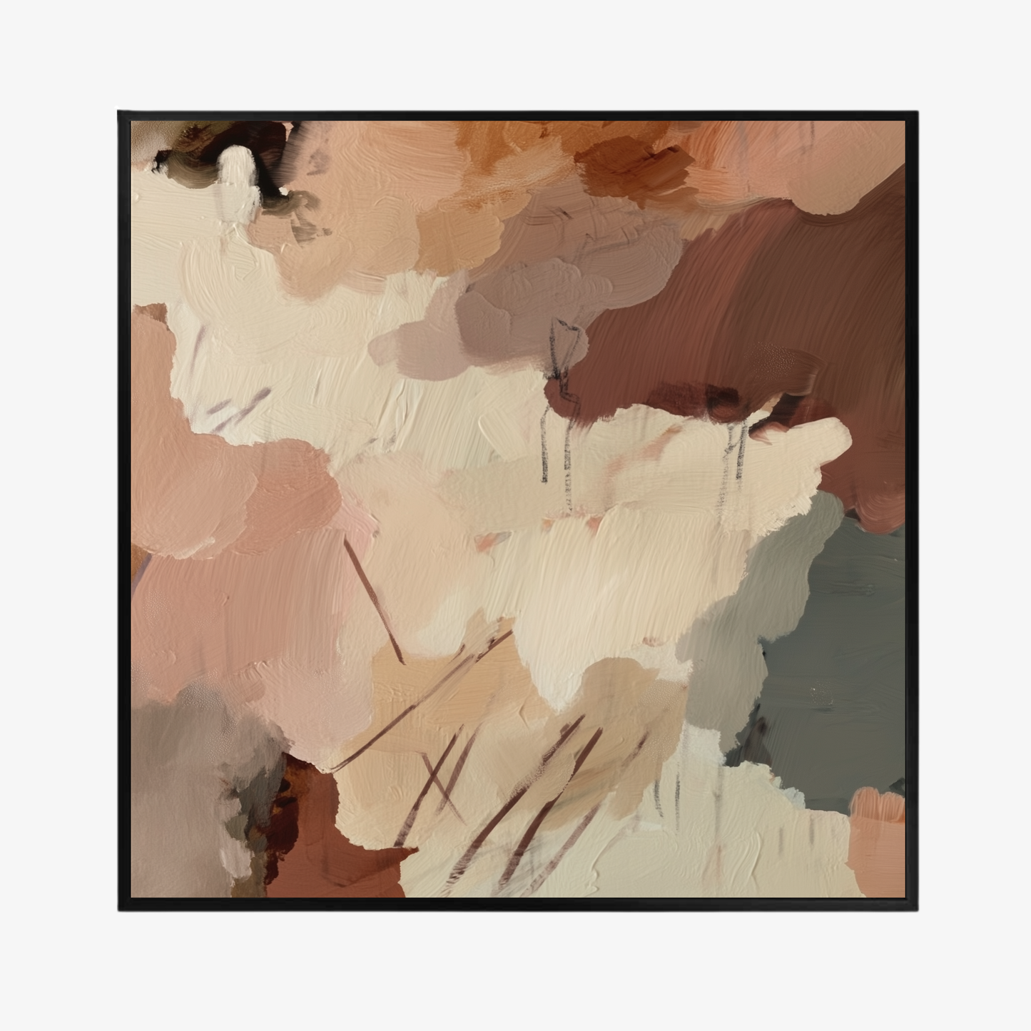 Claypan I earthy abstract wall art with terracotta, cream and muted green-grey tones in black float frame