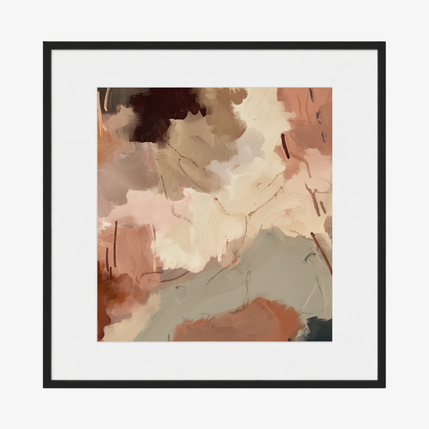 Framed abstract art print with soft pastel colors in a black frame on a white background