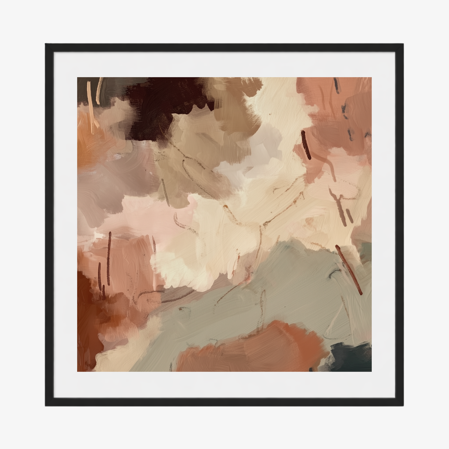 Framed abstract art with soft, multicolored brushstrokes on a white background