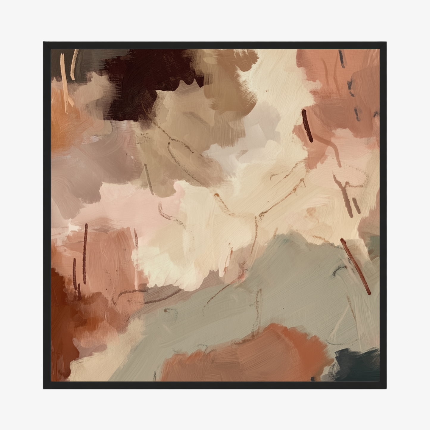 Abstract art piece with brown, beige, and gray colors on a white background
