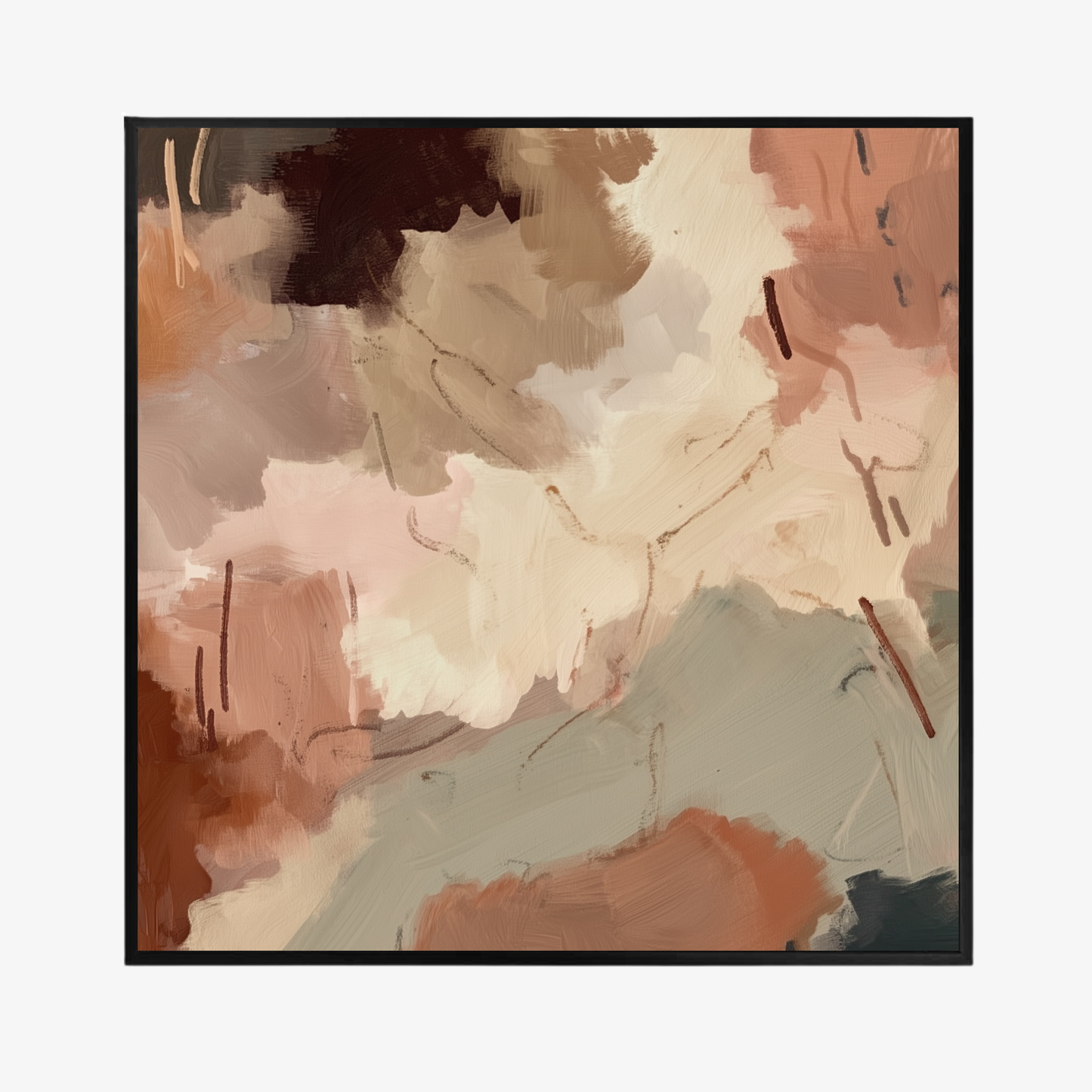 Claypan II warm neutral abstract artwork with clay and mineral grey tones stretched canvas print in black frame