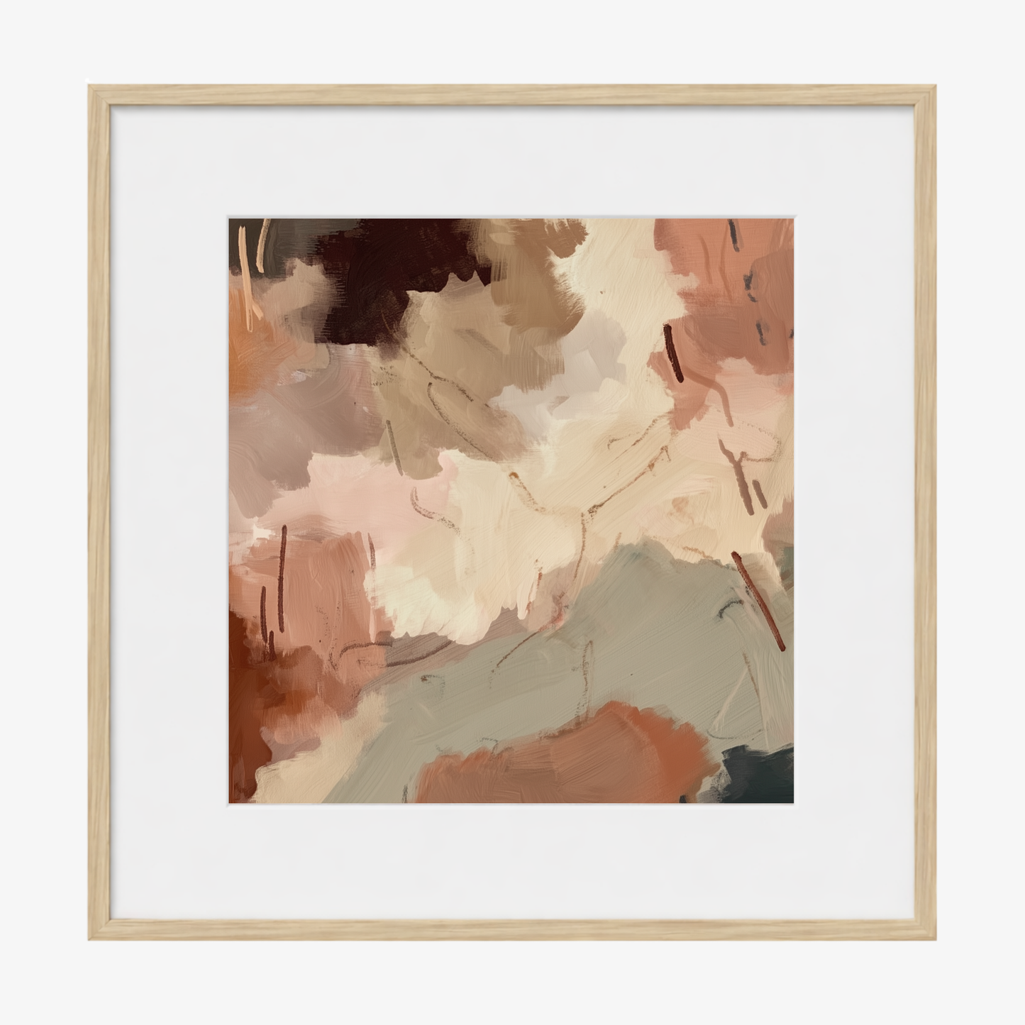 Abstract art print with soft colors in a wooden frame on a white background
