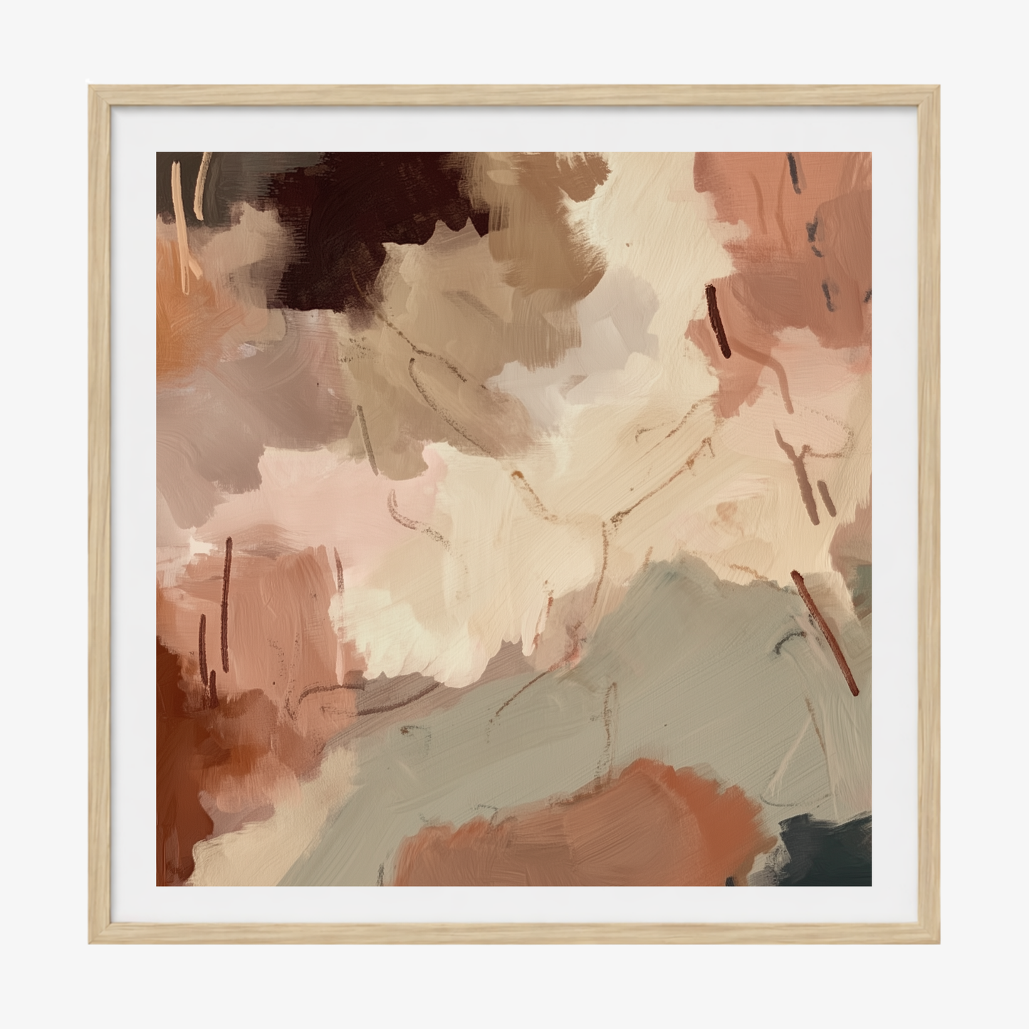 Abstract art print with soft colors in a wooden frame on a white background
