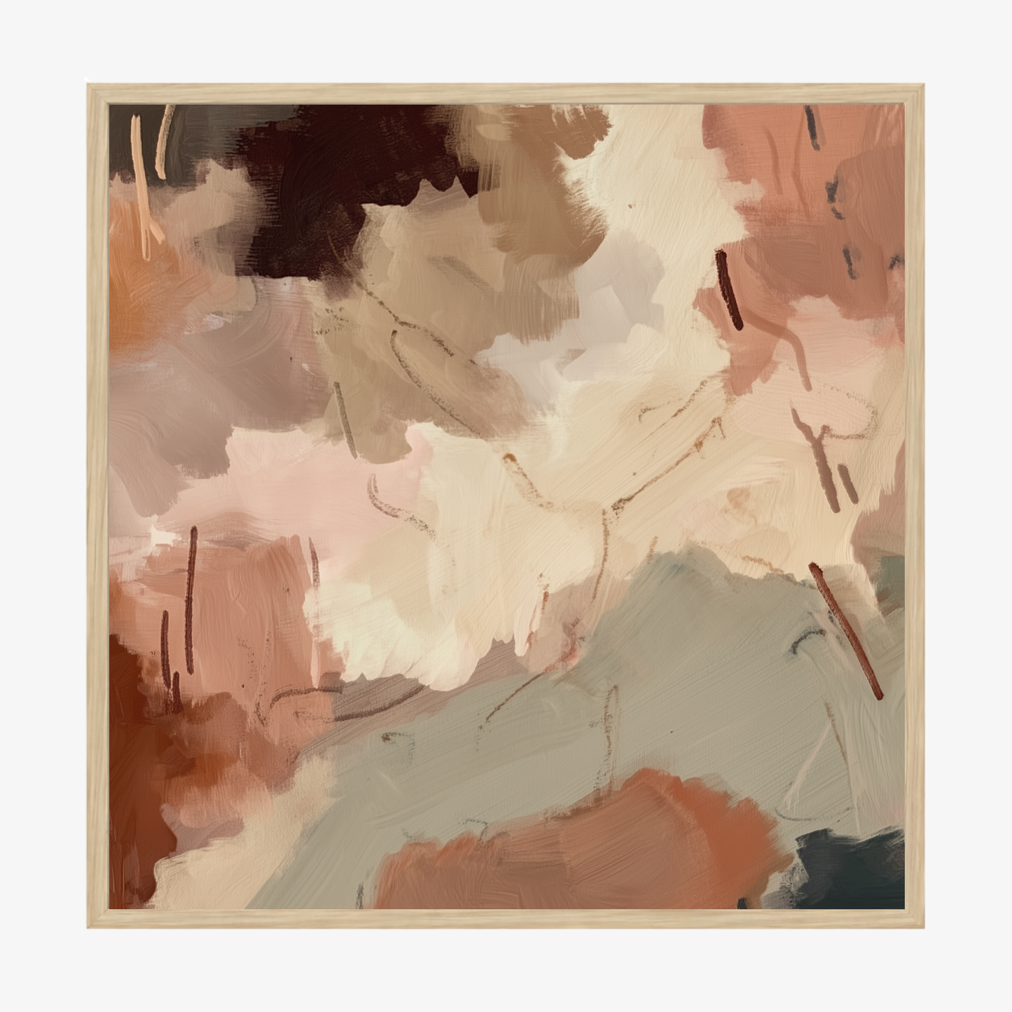 Abstract art piece with a wooden frame on a white background
