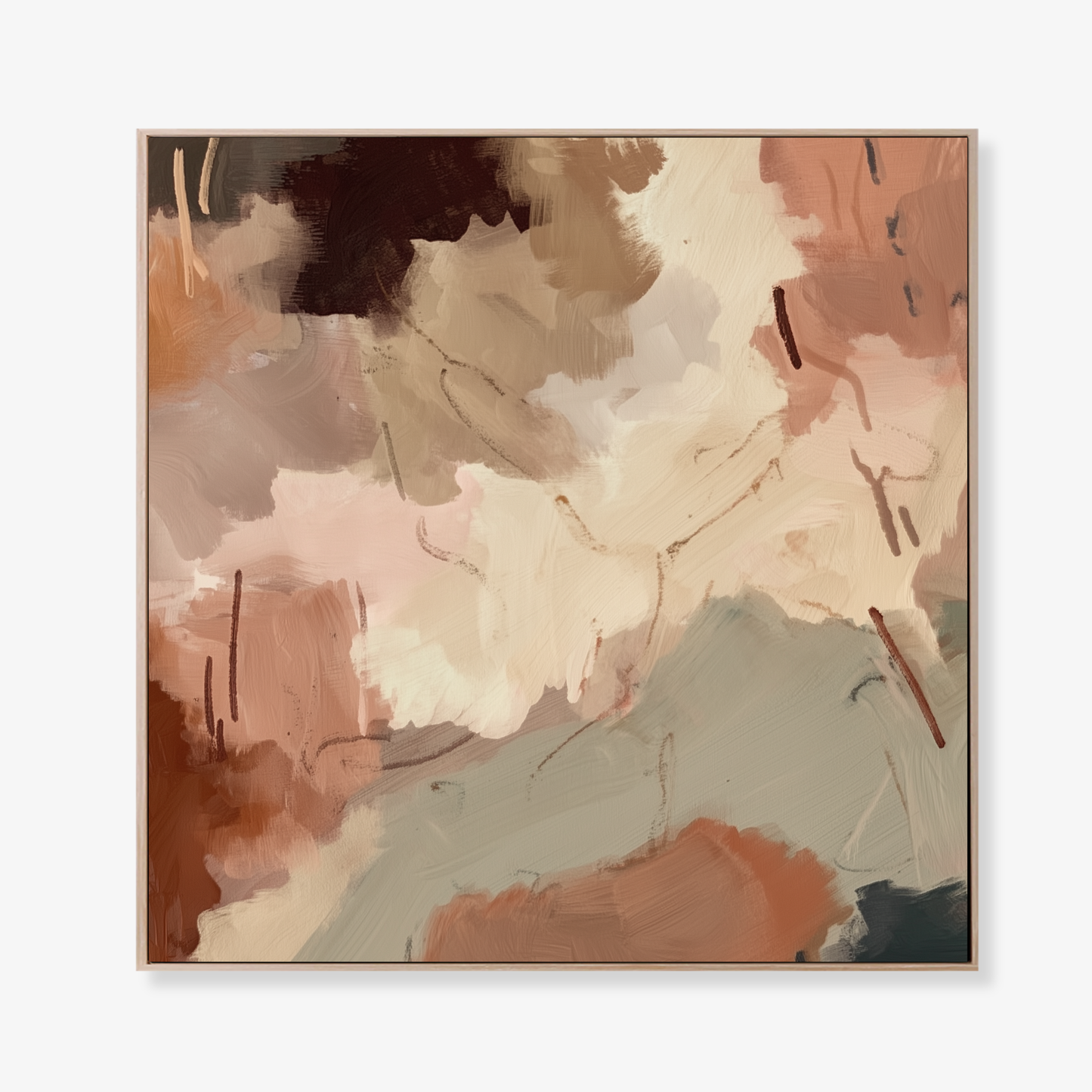 Claypan II warm neutral abstract artwork with clay and mineral grey tones canvas print in oak frame
