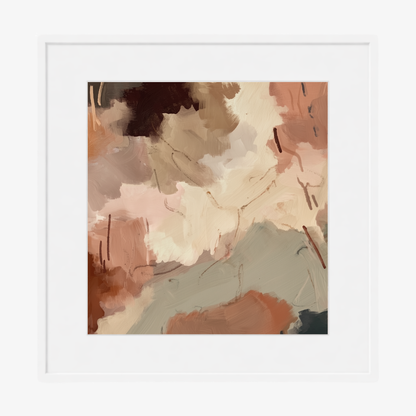 Abstract art print with soft pastel colors in a white frame.