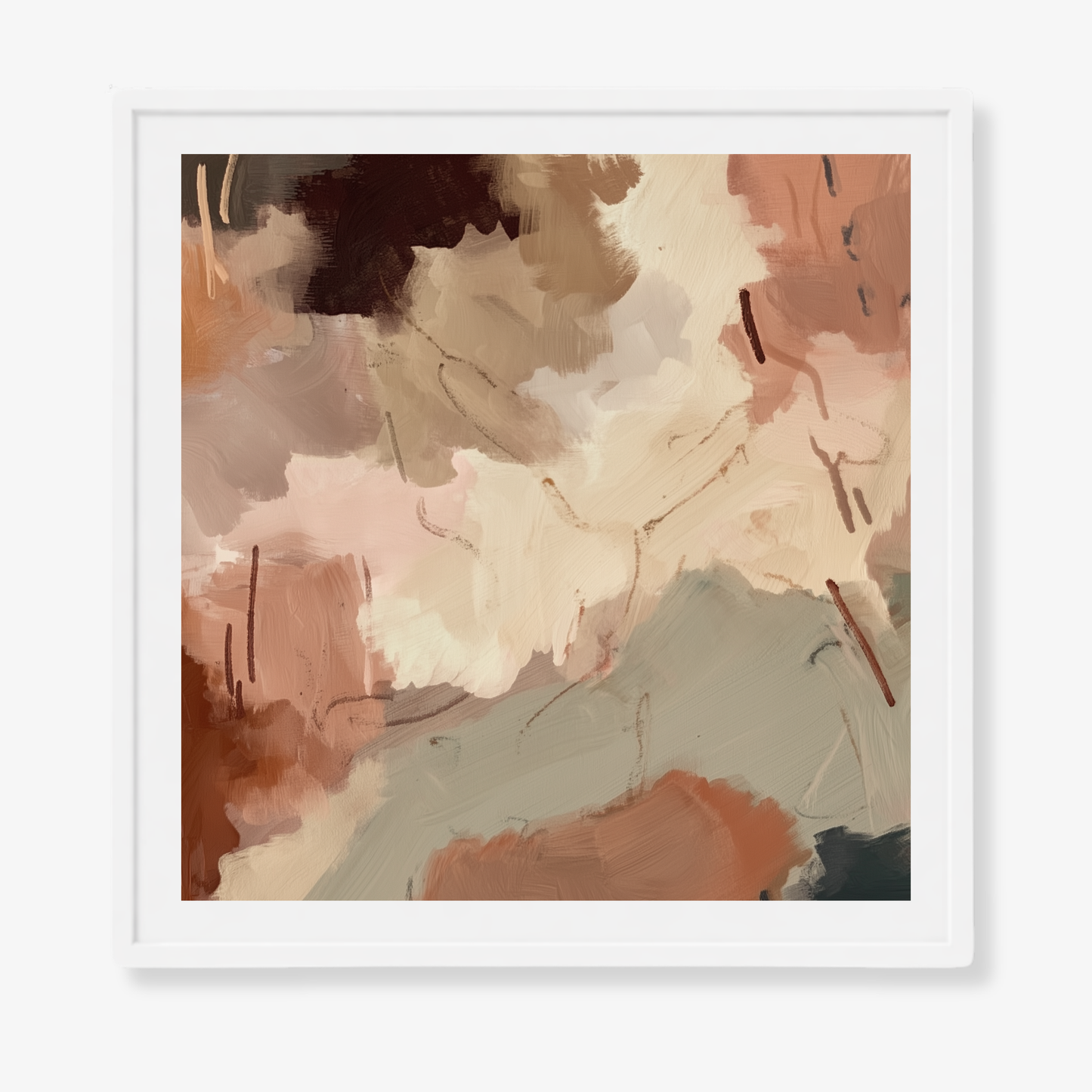 Claypan II warm neutral abstract artwork with clay and mineral grey tones in a white frame with a white border. 