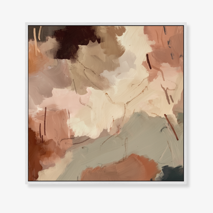 Abstract art print with brown, beige, and gray colors in a white frame on a white background