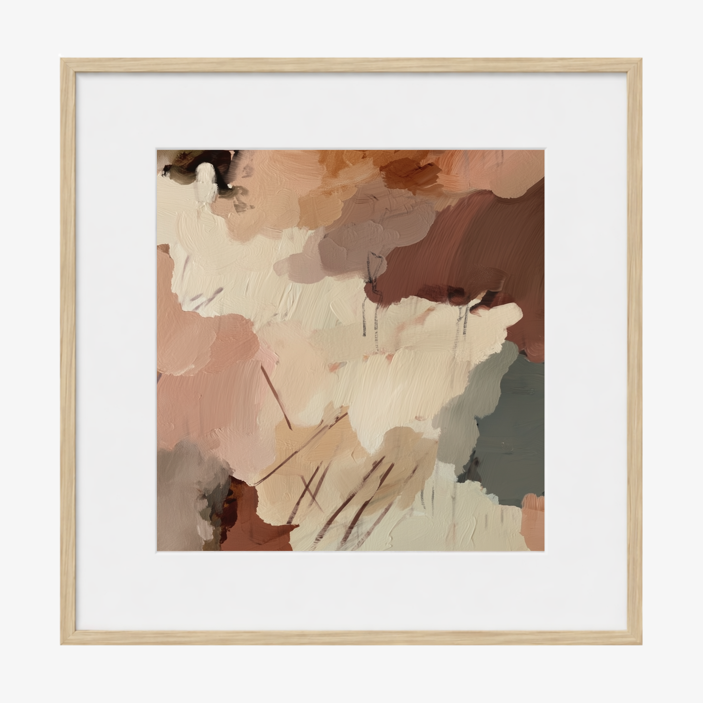 Abstract art print with brown and beige colors in a oak timber frame on a white background
