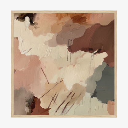 Claypan I earthy abstract wall art with terracotta, cream and muted green-grey tones in a oak timber frame