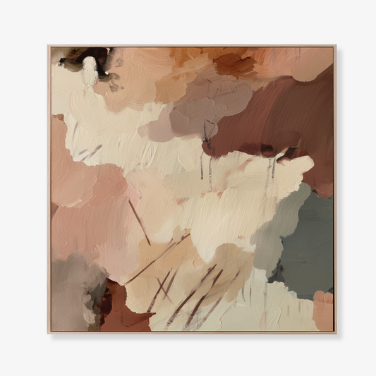 Claypan I earthy abstract wall art with terracotta, cream and muted green-grey tones printed on canvas stretched and framed in oak float frame. 