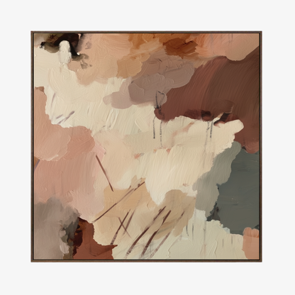 Abstract art piece with brown, beige, and gray colors in a walnut float frmae on a white background