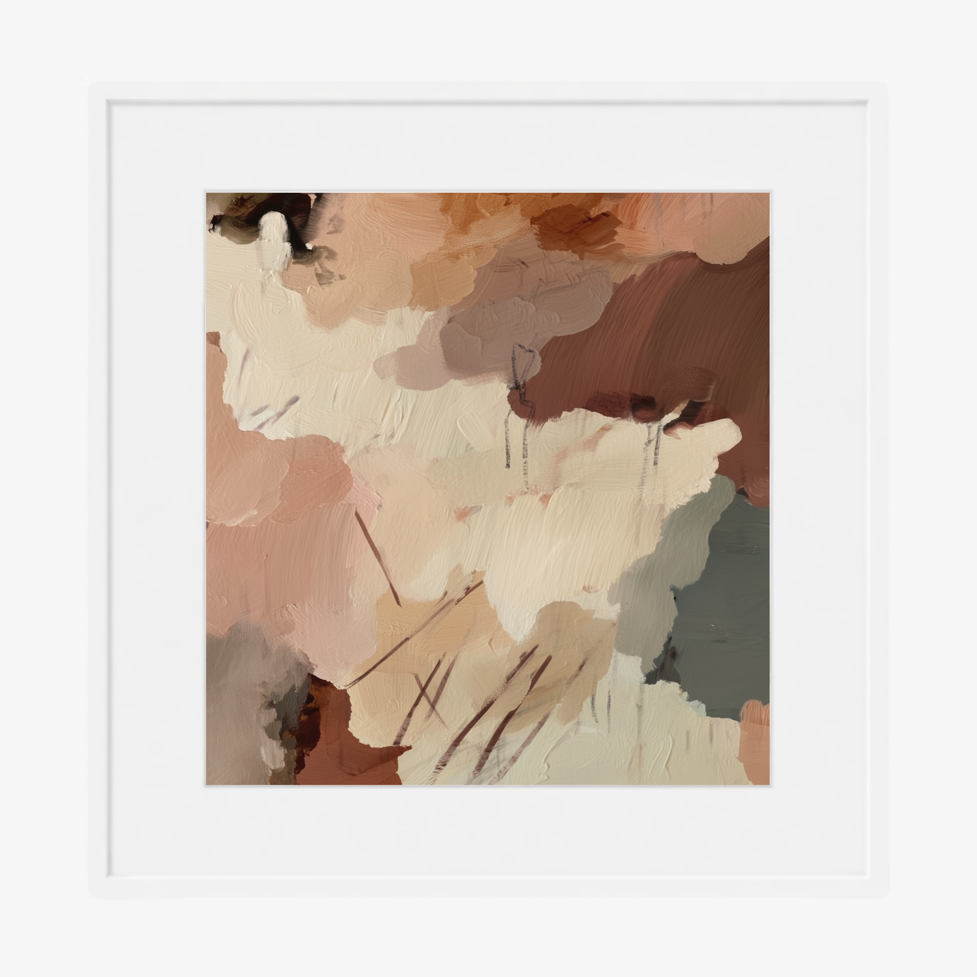 Claypan I earthy abstract wall art with terracotta, cream and muted green-grey tones in a white frame with white mat board. 