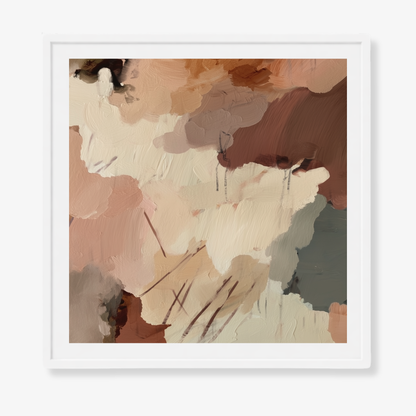 Claypan I earthy abstract wall art with terracotta, cream and muted green-grey tones wall art in a white frame