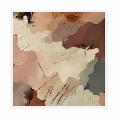 Claypan I earthy abstract wall art with terracotta, cream and muted green-grey tones printed edge to edge in a white frame. 