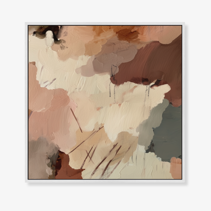 Abstract art piece with brown, beige, and gray colors in a white float frame on a white background