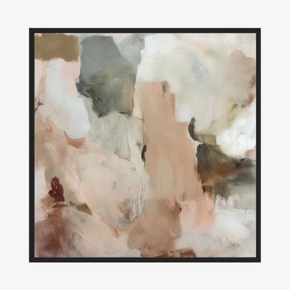 Abstract art print with soft, multicolored brushstrokes in a black frame.