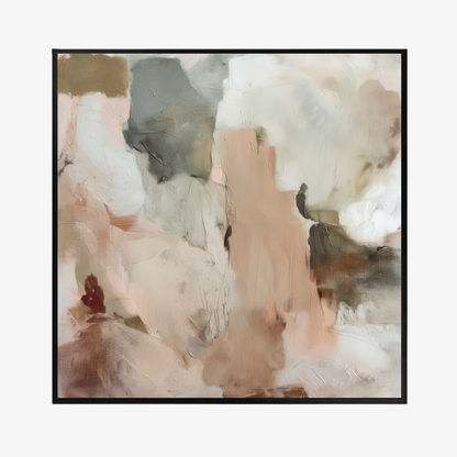 Abstract wall art with soft, blended colors in a black frame.