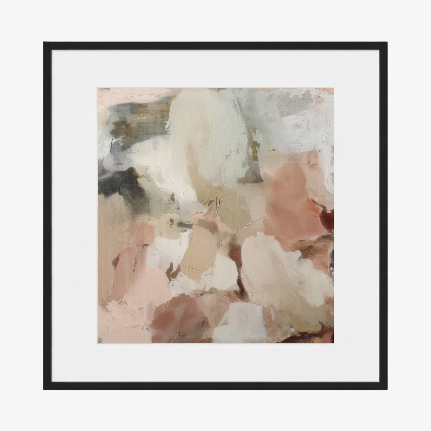 Framed abstract art print with soft pastel colors in a black frame with white mat board on a white background