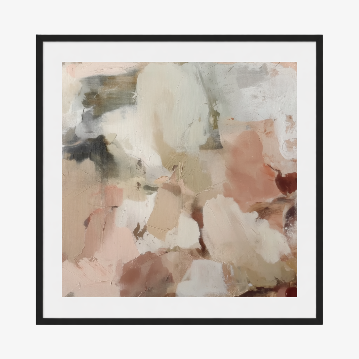 Framed abstract art with soft pastel colors in a black frame with white border on a white background