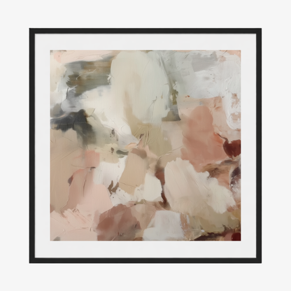 Framed abstract art with soft pastel colors in a black frame with white border on a white background